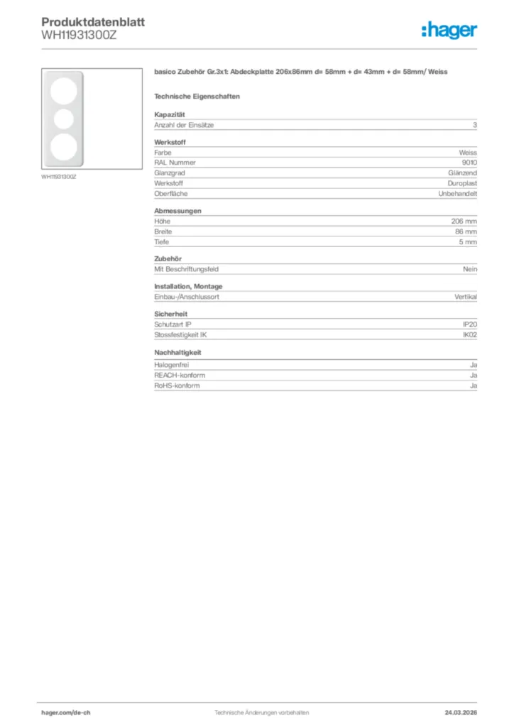 Bild Hager Produktdatenblatt WH11931300Z | Hager Schweiz