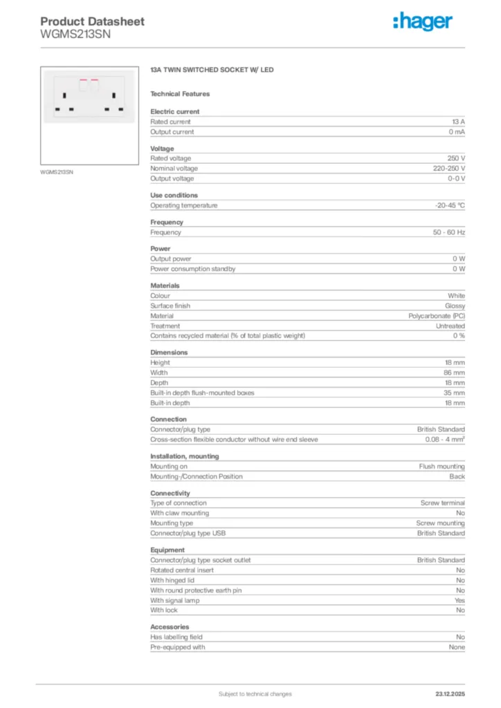 Image Hager Product data sheet WGMS213SN  | Hager Africa