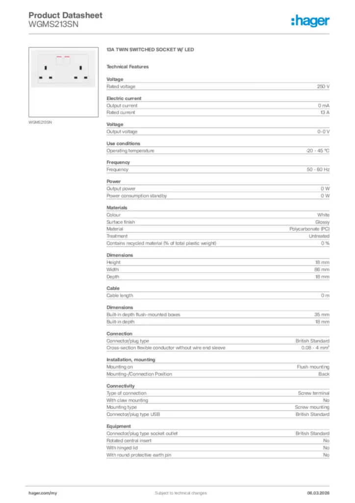 Image Hager Product data sheet WGMS213SN  | Hager
