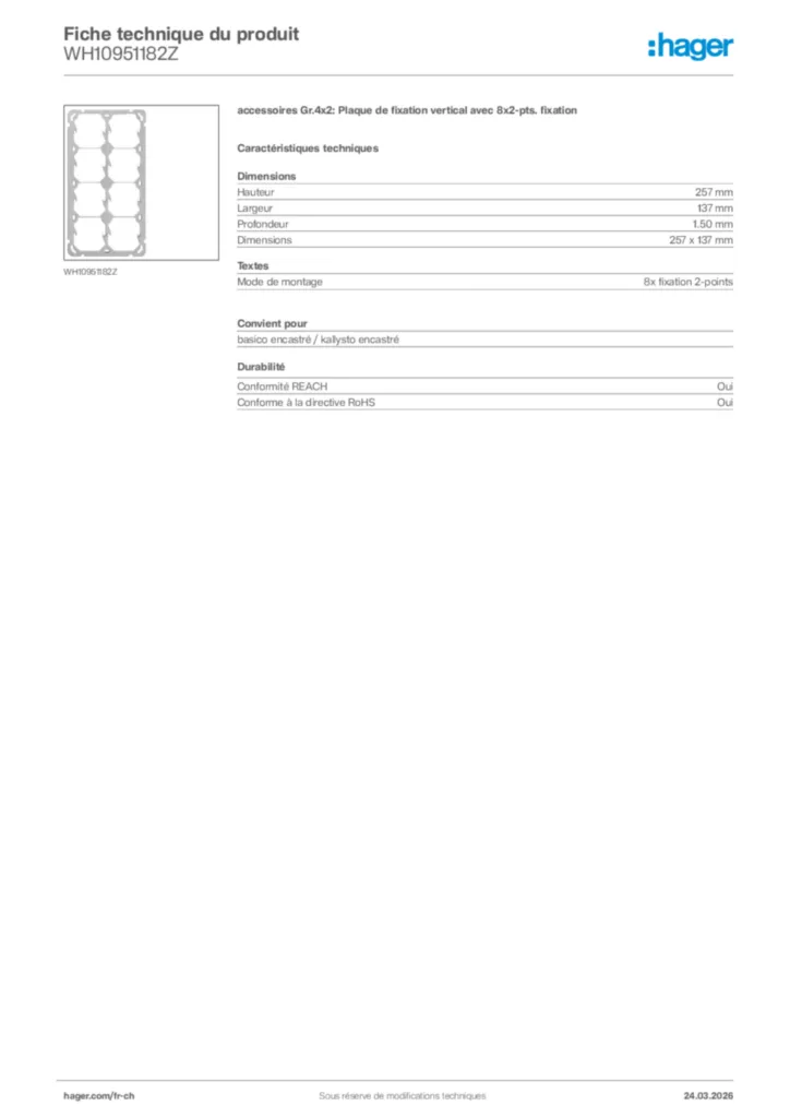 Image Hager Fiche technique du produit WH10951182Z | Hager Suisse