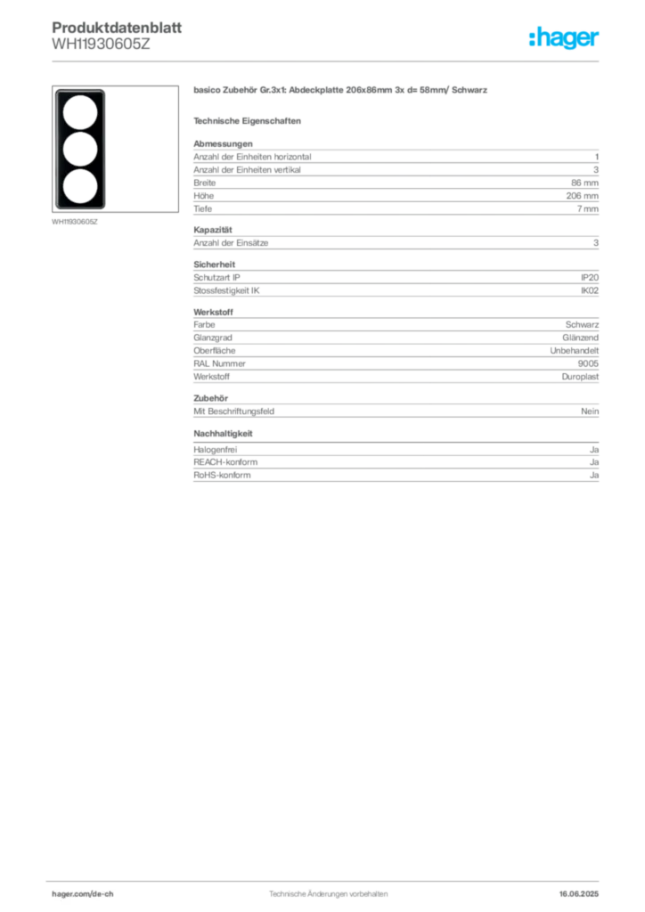 Bild Hager Produktdatenblatt WH11930605Z | Hager Schweiz