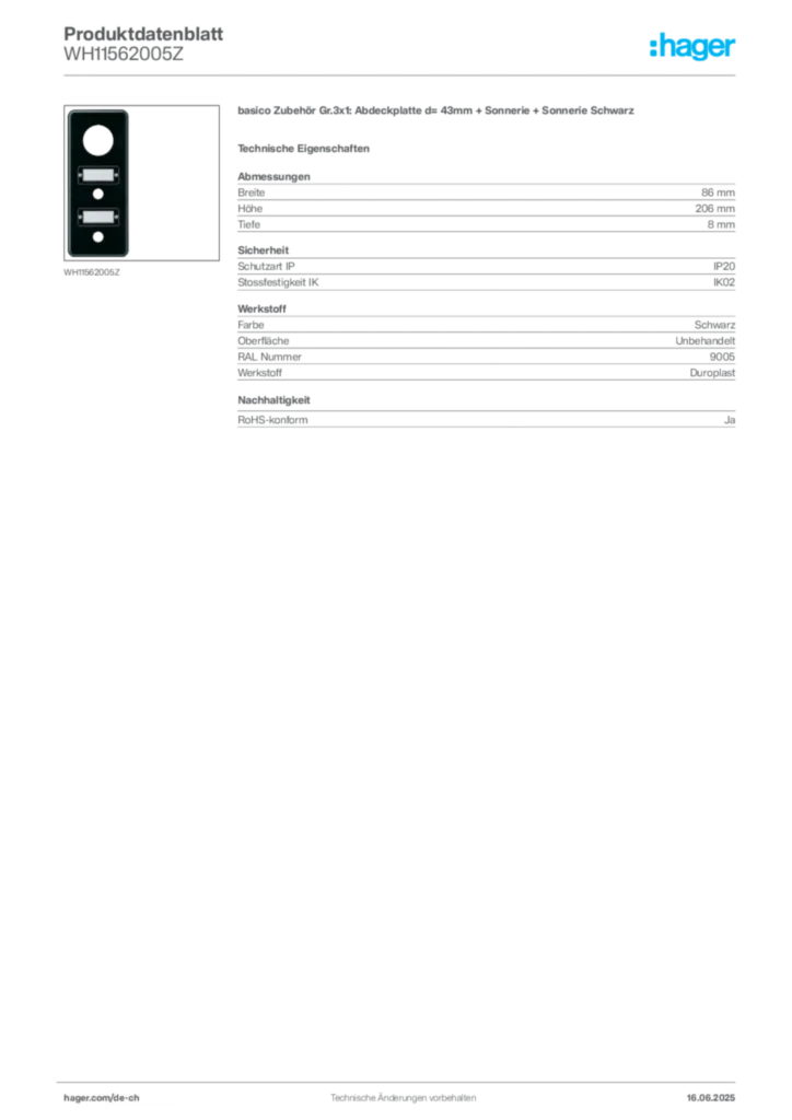 Bild Hager Produktdatenblatt WH11562005Z | Hager Schweiz