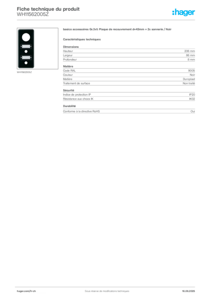 Image Hager Fiche technique du produit WH11562005Z | Hager Suisse