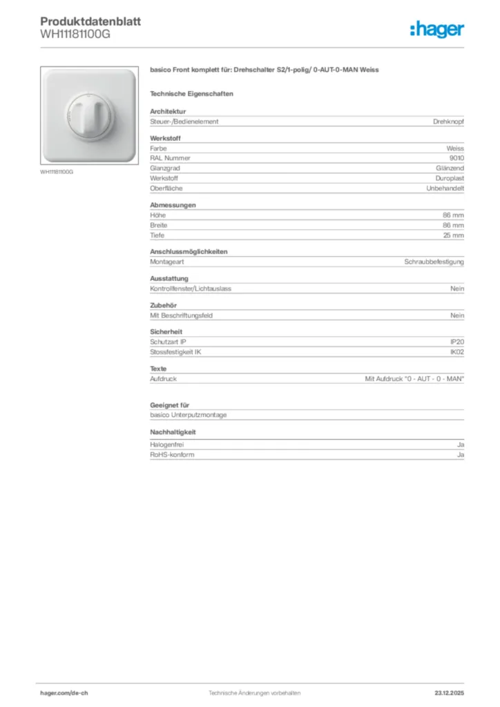 Bild Hager Produktdatenblatt WH11181100G | Hager Schweiz