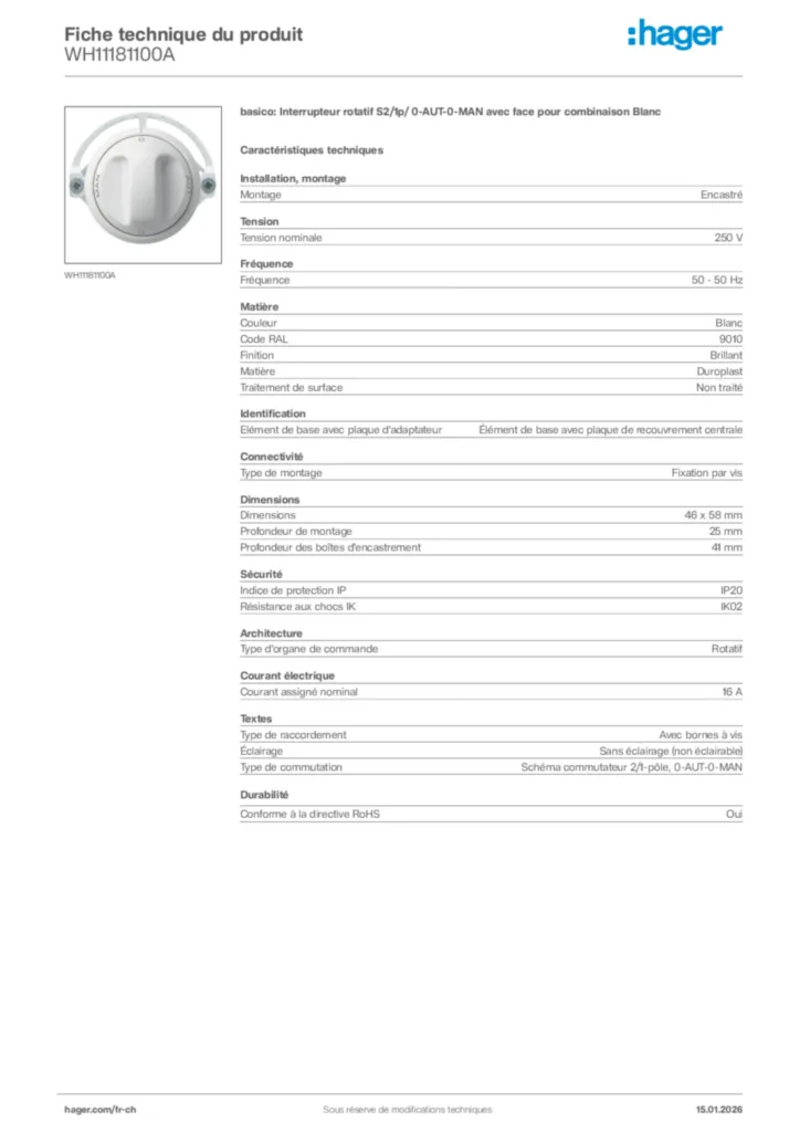 Image Hager Fiche technique du produit WH11181100A | Hager Suisse