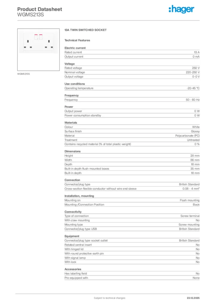 Image Hager Product data sheet WGMS213S  | Hager Africa