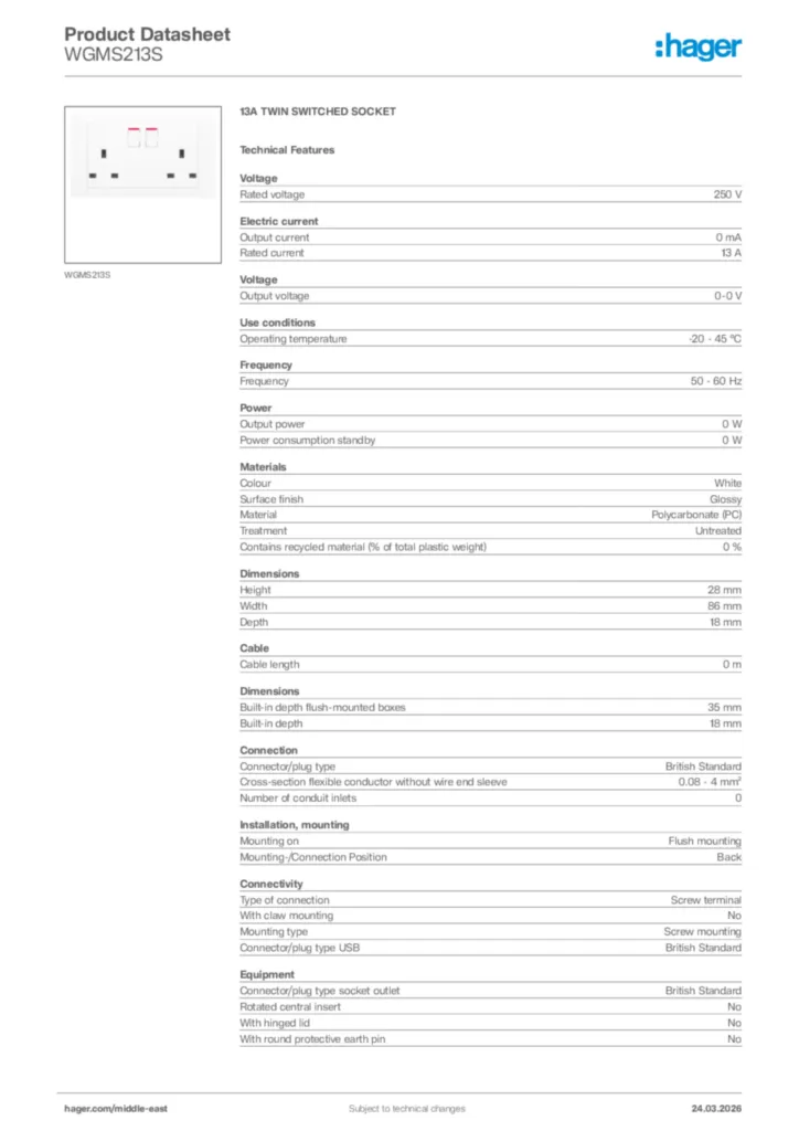 Image Hager Product data sheet WGMS213S  | Hager