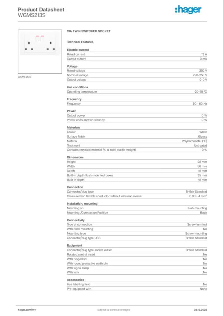 Image Hager Product data sheet WGMS213S  | Hager