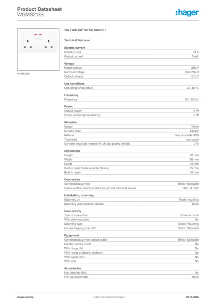 Image Hager Product data sheet WGMS213S  | Hager