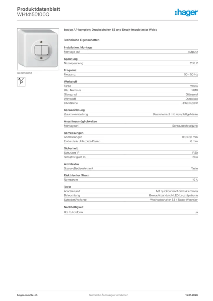 Bild Hager Produktdatenblatt WH14150100Q | Hager Schweiz