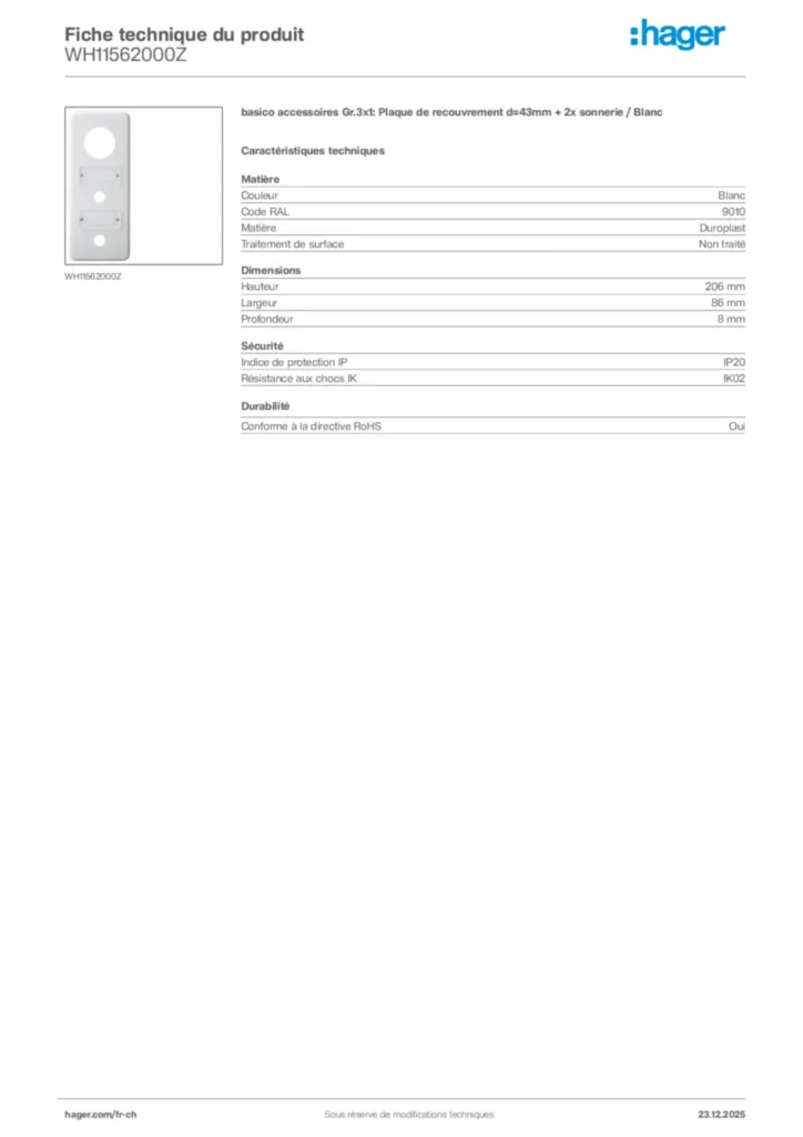 Image Hager Fiche technique du produit WH11562000Z | Hager Suisse
