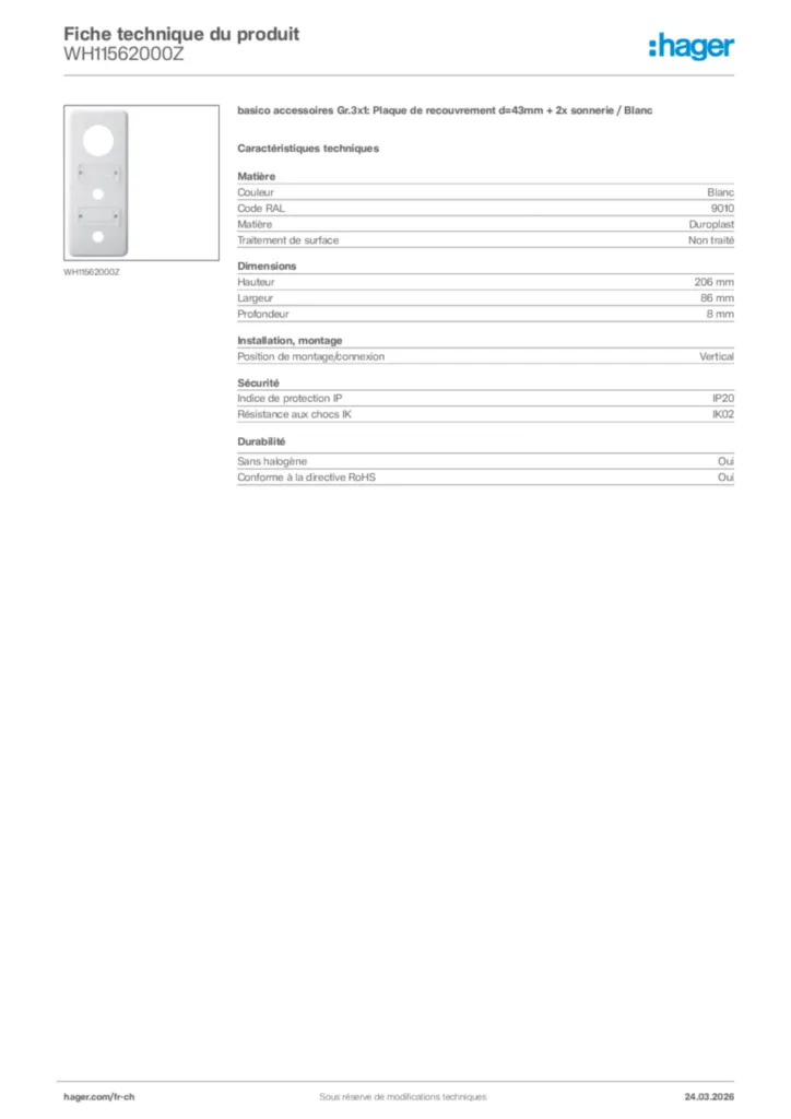 Image Hager Fiche technique du produit WH11562000Z | Hager Suisse