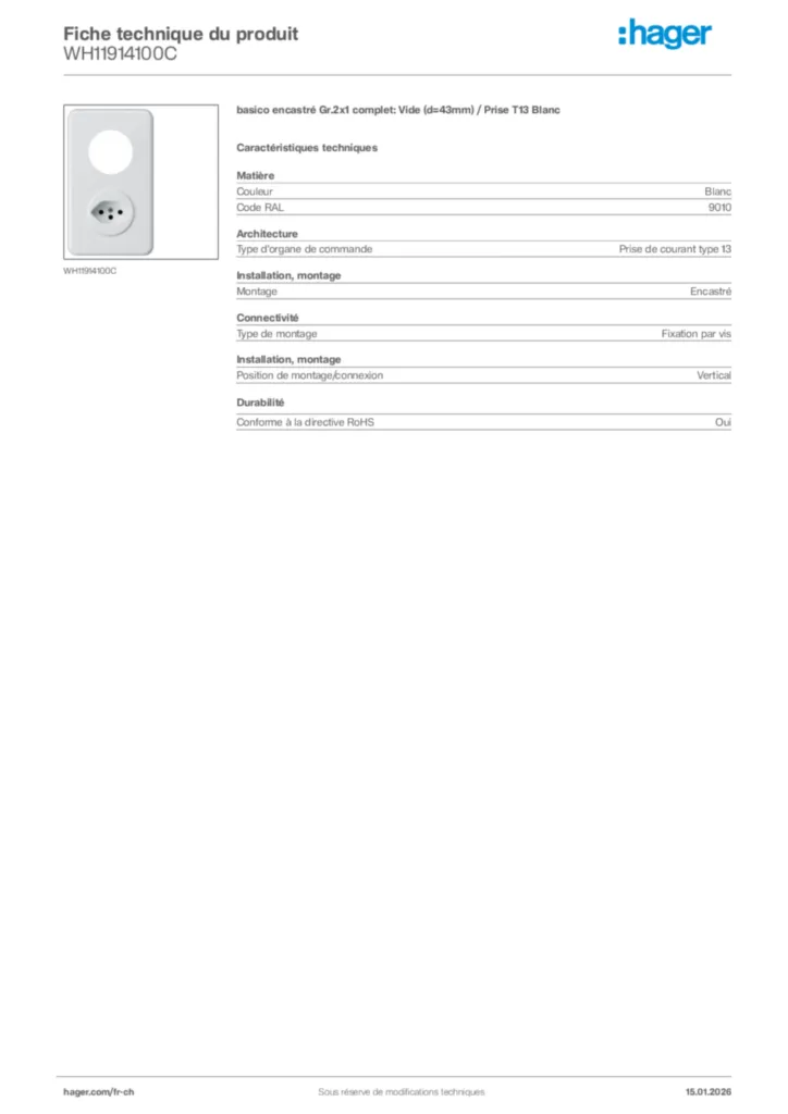 Image Hager Fiche technique du produit WH11914100C | Hager Suisse