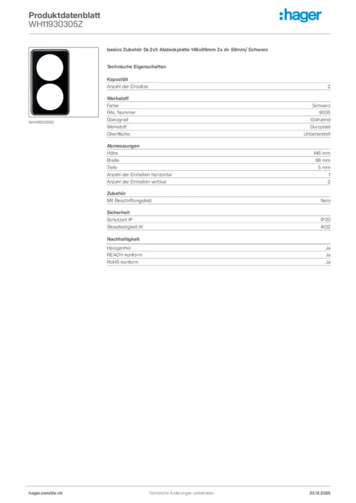 Bild Hager Produktdatenblatt WH11930305Z | Hager Schweiz