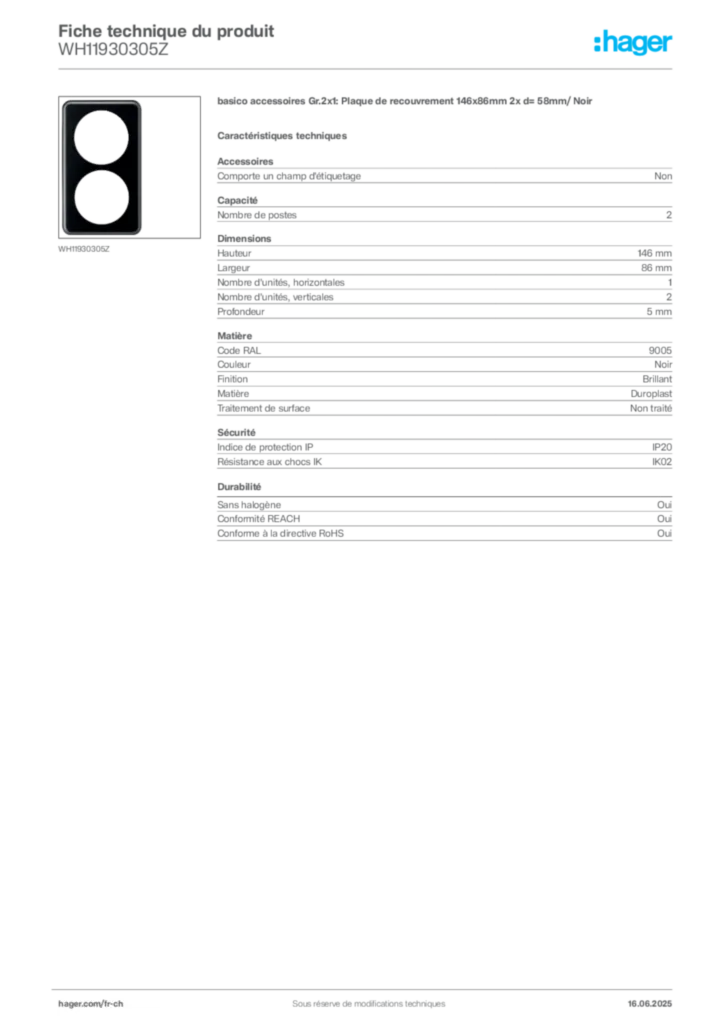 Image Hager Fiche technique du produit WH11930305Z | Hager Suisse