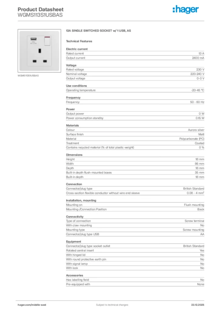 Image Hager Product data sheet WGMS113S1USBAS  | Hager