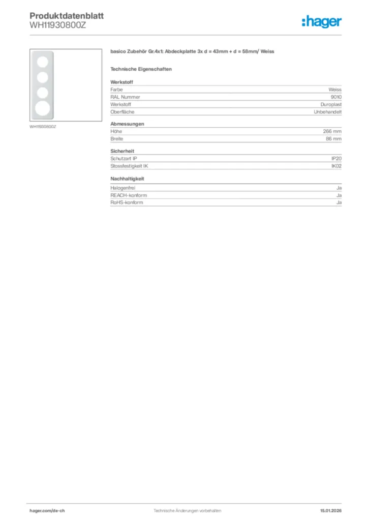 Bild Hager Produktdatenblatt WH11930800Z | Hager Schweiz