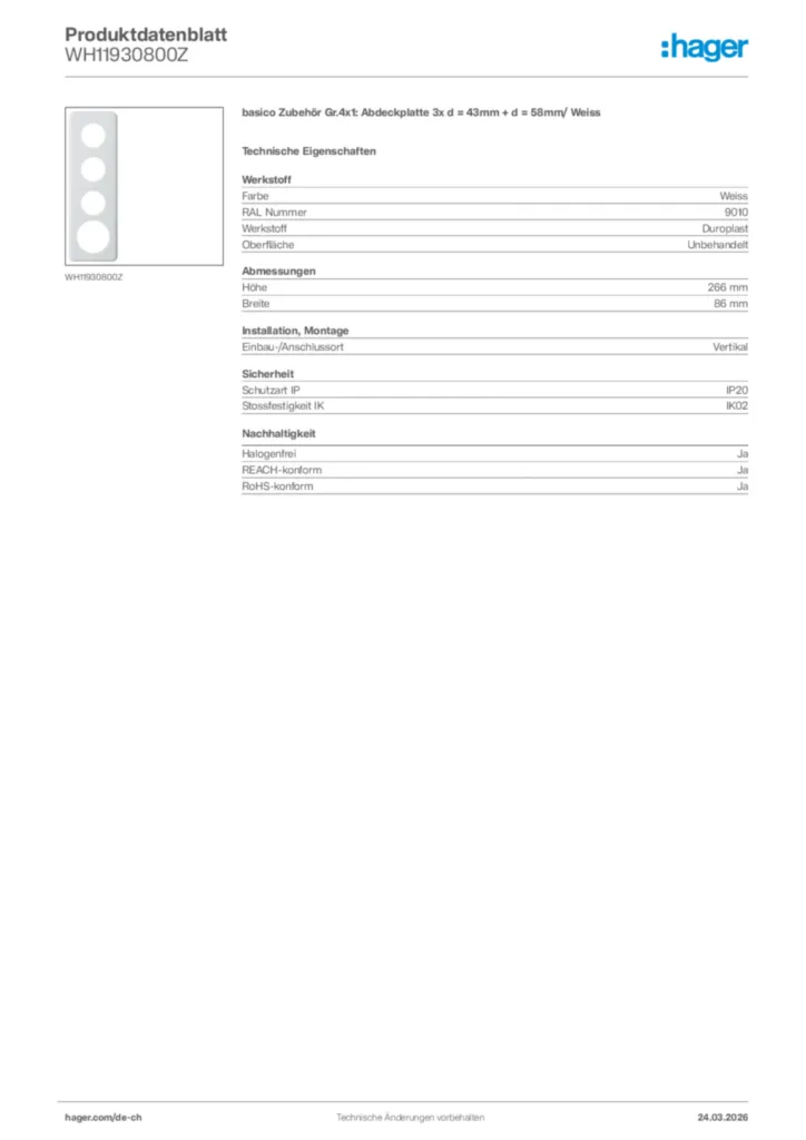 Bild Hager Produktdatenblatt WH11930800Z | Hager Schweiz