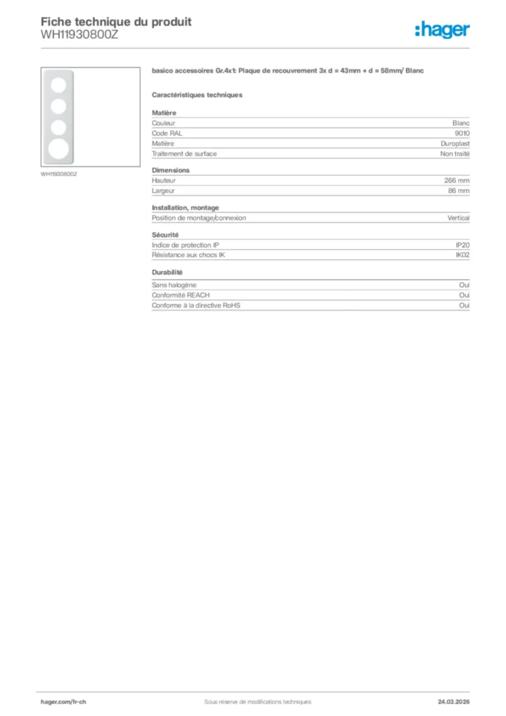 Image Hager Fiche technique du produit WH11930800Z | Hager Suisse