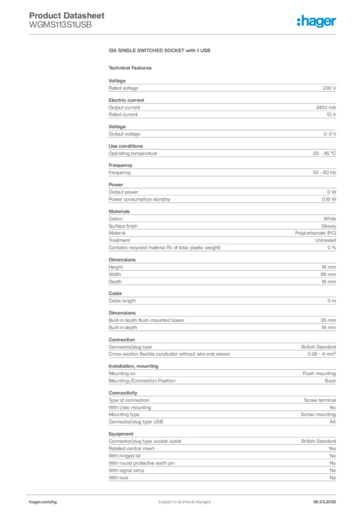 Image Hager Product data sheet WGMS113S1USB  | Hager