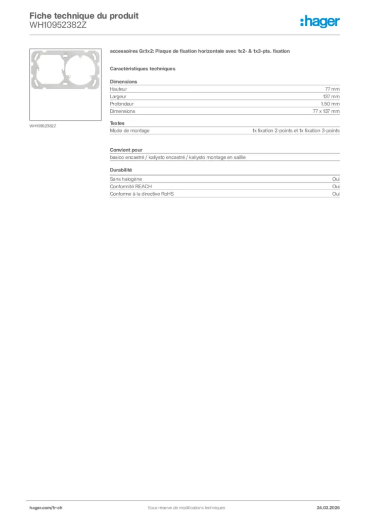 Image Hager Fiche technique du produit WH10952382Z | Hager Suisse
