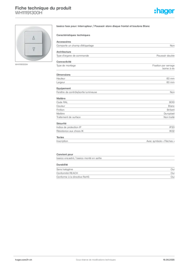 Image Hager Fiche technique du produit WH11191300H | Hager Suisse