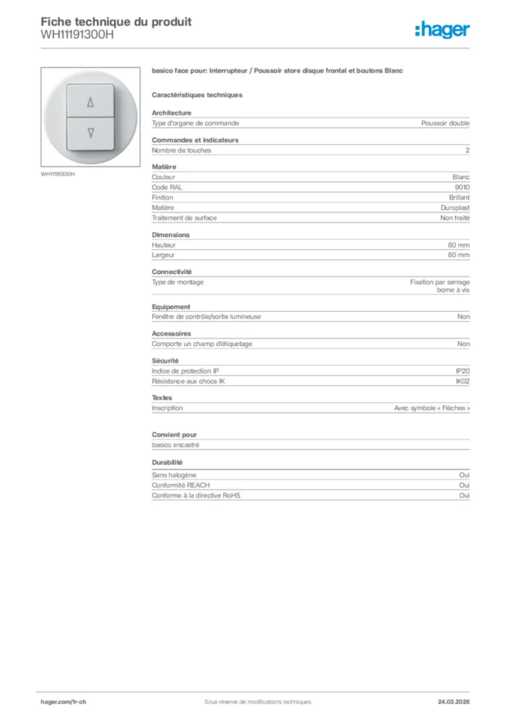 Image Hager Fiche technique du produit WH11191300H | Hager Suisse