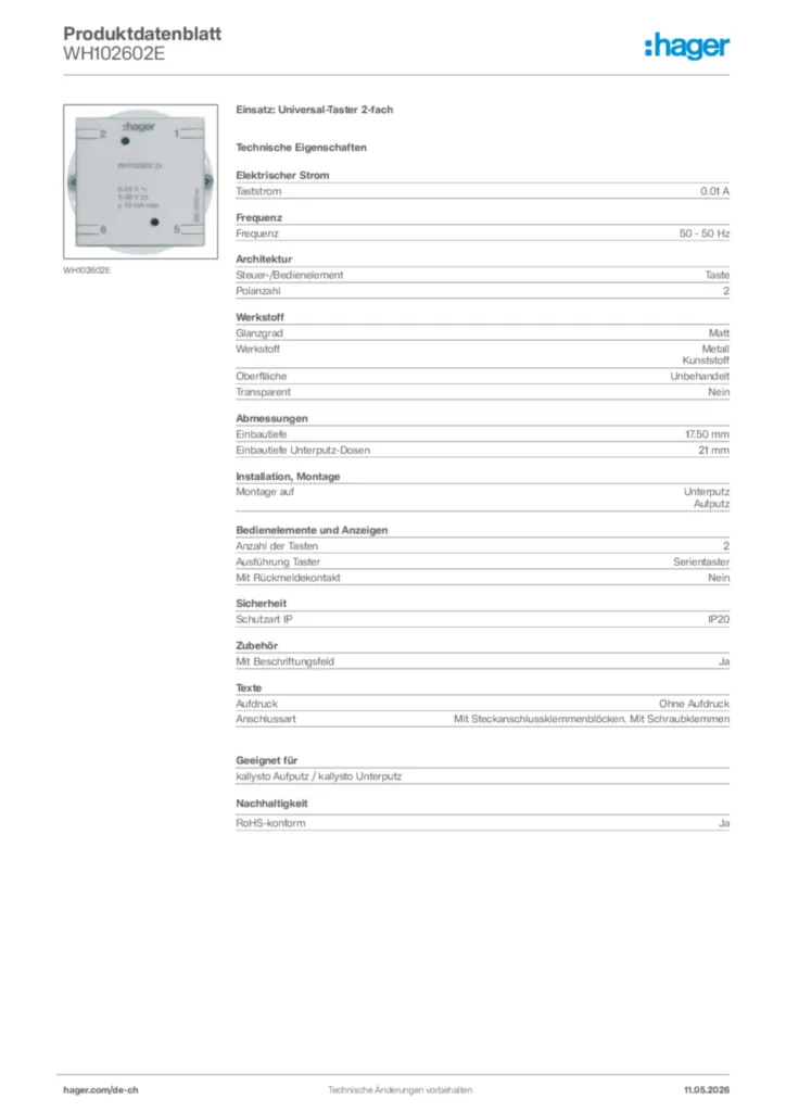 Bild Hager Produktdatenblatt WH102602E | Hager Schweiz