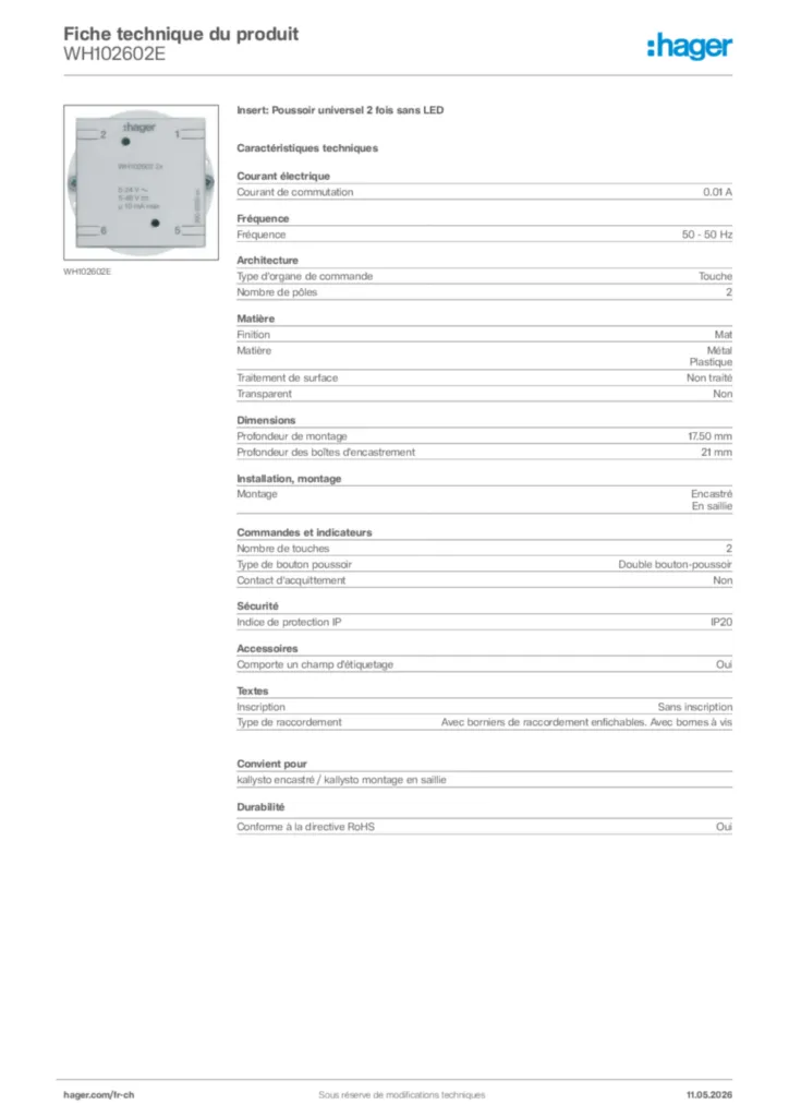 Image Hager Fiche technique du produit WH102602E | Hager Suisse