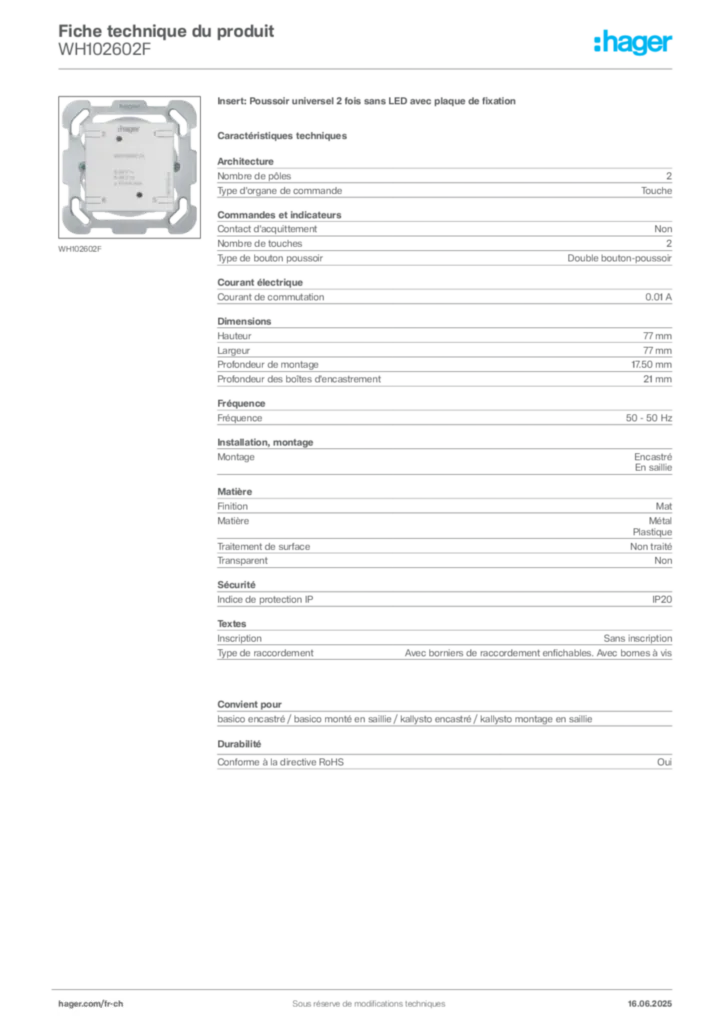 Image Hager Fiche technique du produit WH102602F | Hager Suisse