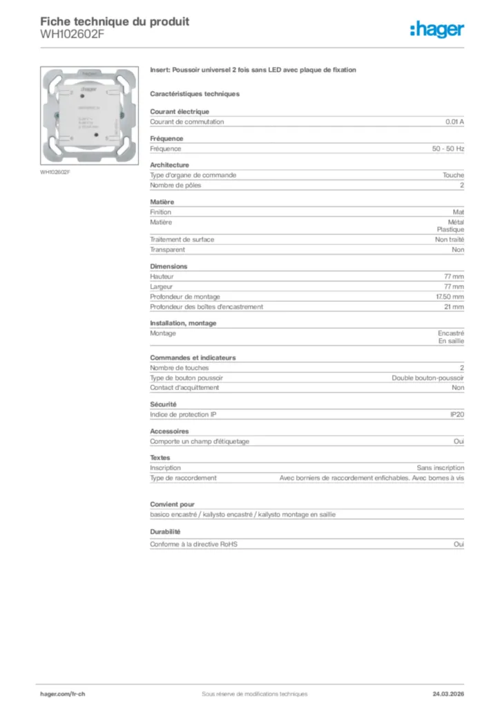 Image Hager Fiche technique du produit WH102602F | Hager Suisse