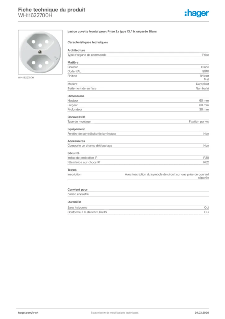 Image Hager Fiche technique du produit WH11622700H | Hager Suisse