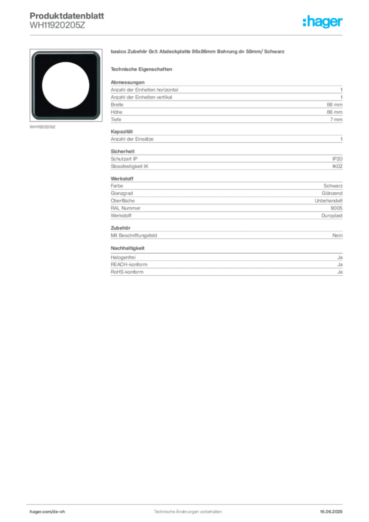 Bild Hager Produktdatenblatt WH11920205Z | Hager Schweiz