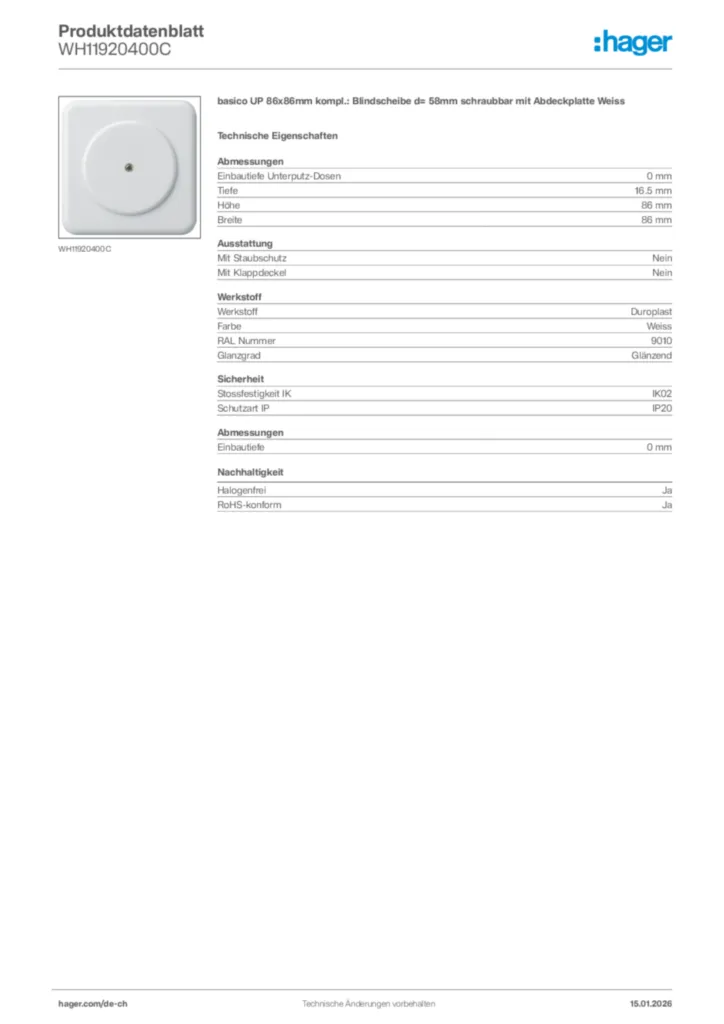 Bild Hager Produktdatenblatt WH11920400C | Hager Schweiz