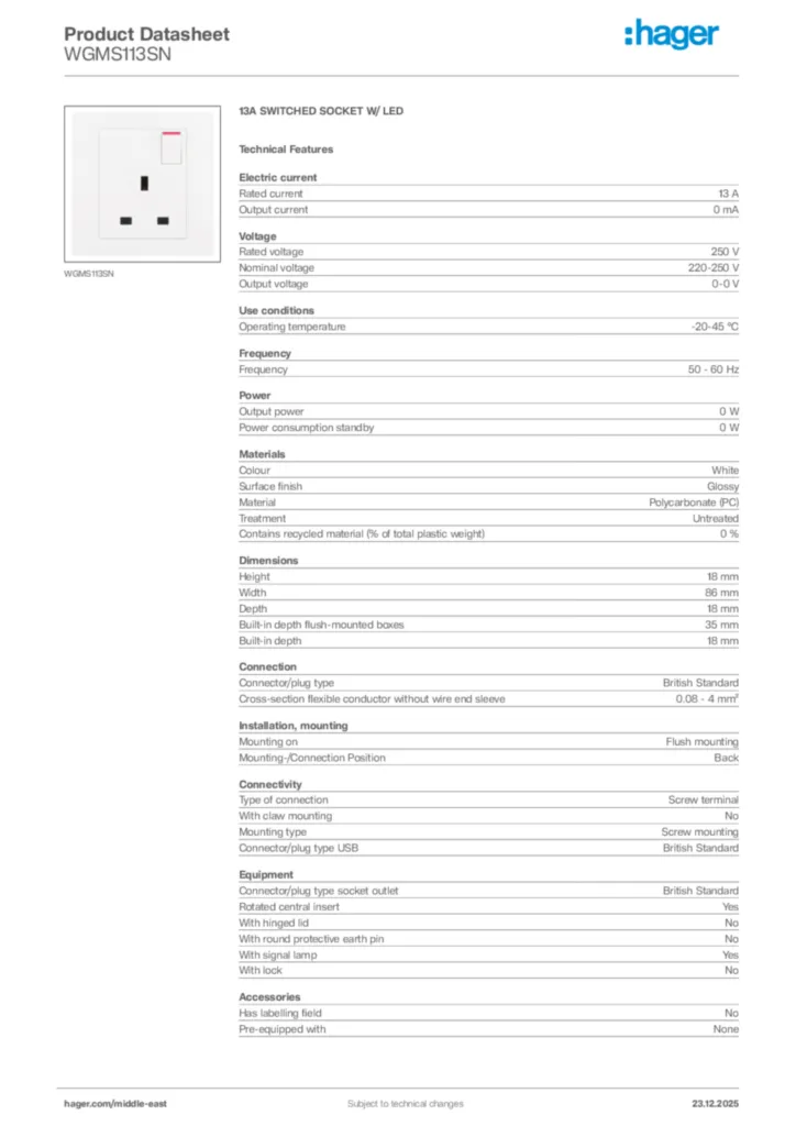 Image Hager Product data sheet WGMS113SN  | Hager