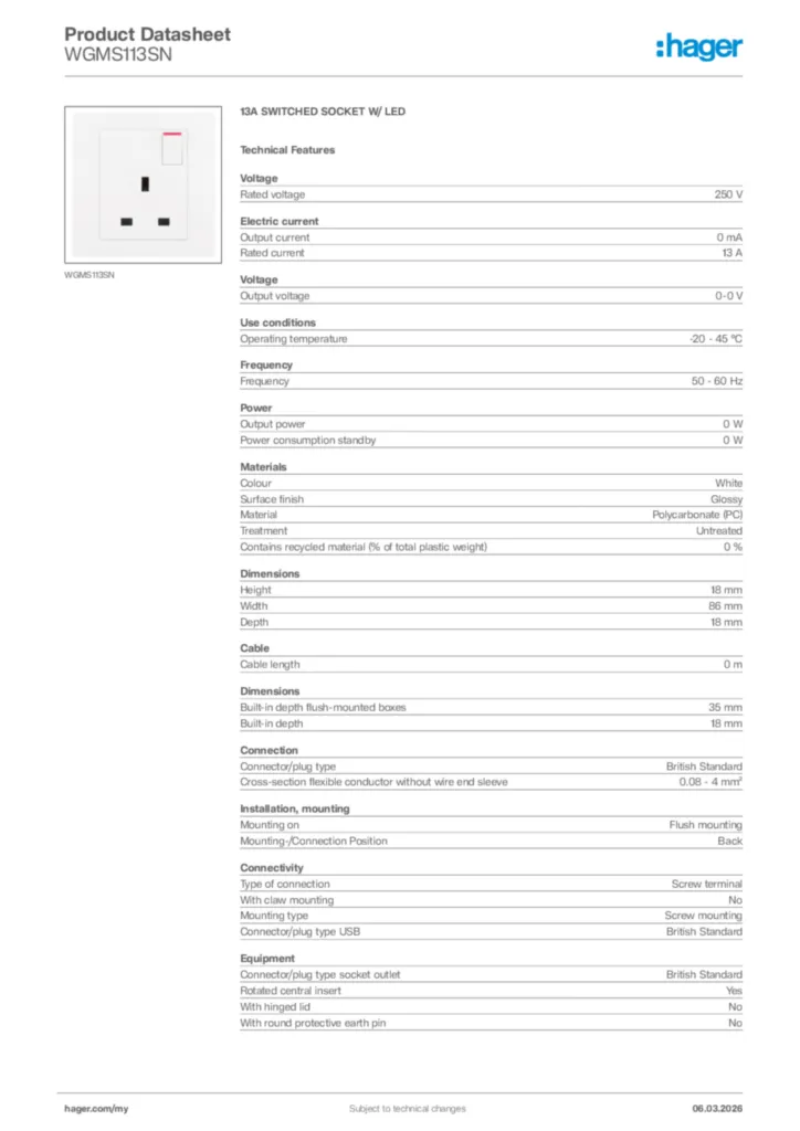 Image Hager Product data sheet WGMS113SN  | Hager