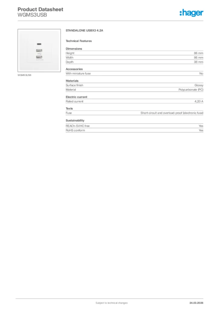 Image Hager Product data sheet WGMS3USB  | Hager