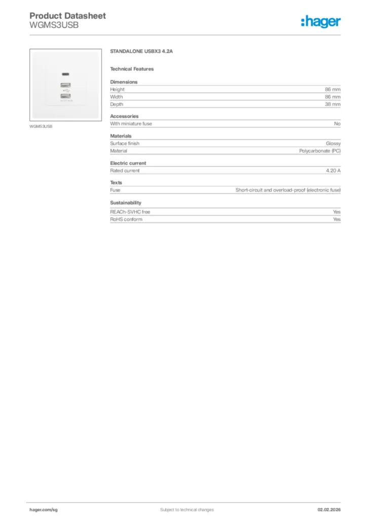 Image Hager Product data sheet WGMS3USB  | Hager