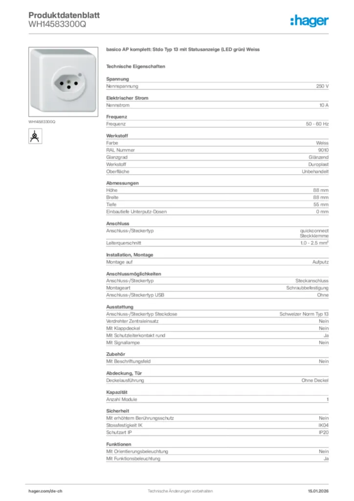 Bild Hager Produktdatenblatt WH14583300Q | Hager Schweiz