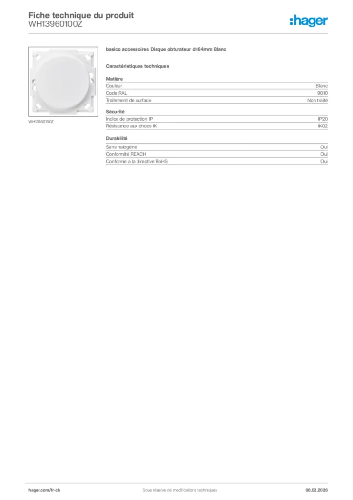 Image Hager Fiche technique du produit WH13960100Z | Hager Suisse