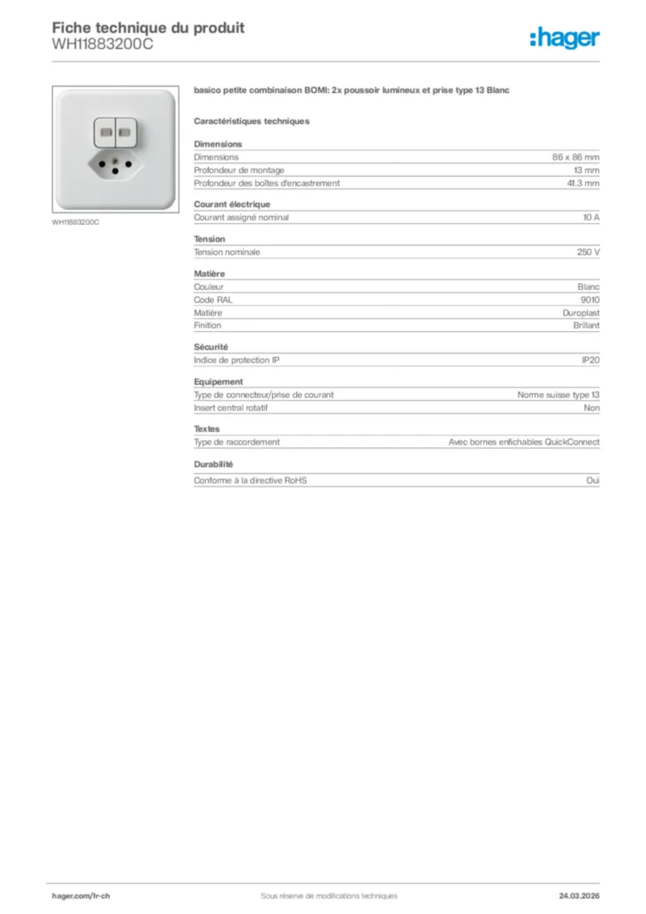 Image Hager Fiche technique du produit WH11883200C | Hager Suisse