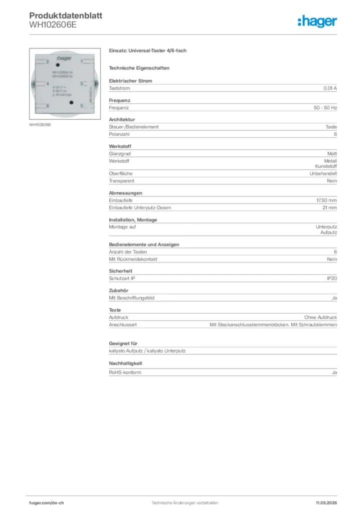 Bild Hager Produktdatenblatt WH102606E | Hager Schweiz