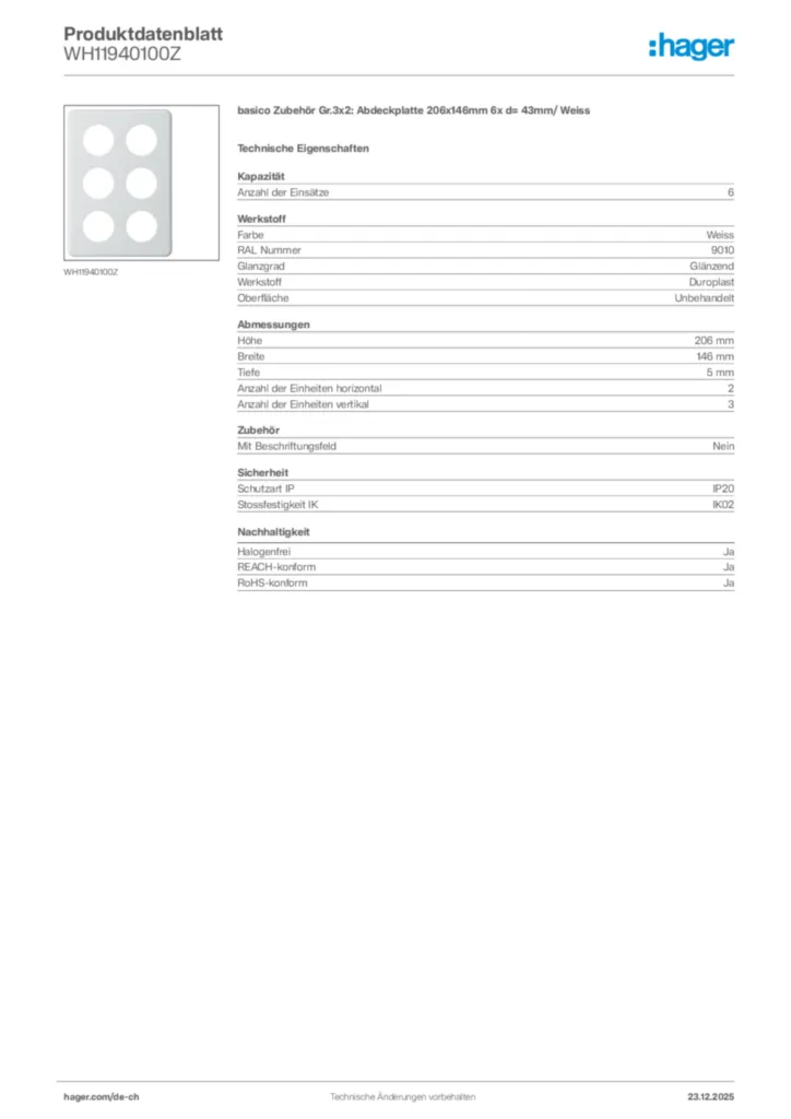 Bild Hager Produktdatenblatt WH11940100Z | Hager Schweiz