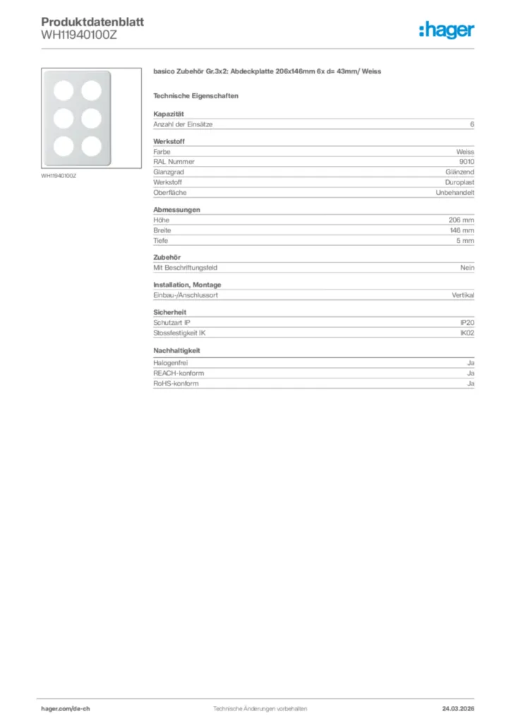 Bild Hager Produktdatenblatt WH11940100Z | Hager Schweiz