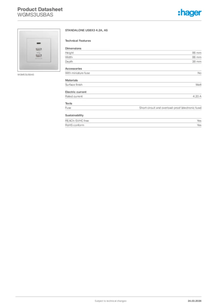 Image Hager Product data sheet WGMS3USBAS  | Hager Africa
