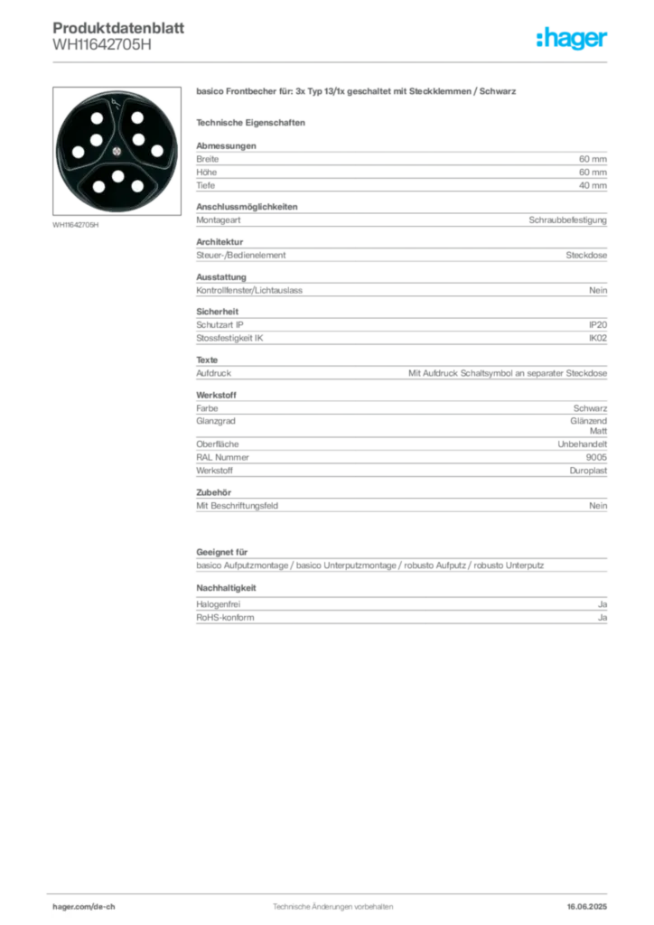 Bild Hager Produktdatenblatt WH11642705H | Hager Schweiz