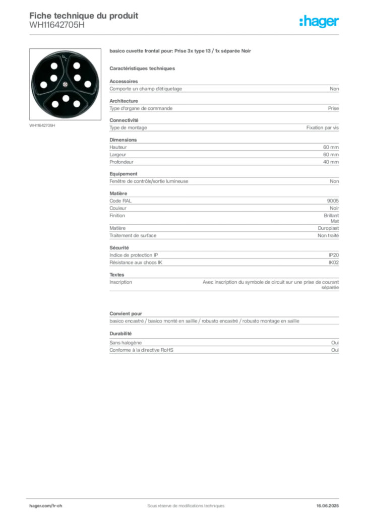 Image Hager Fiche technique du produit WH11642705H | Hager Suisse