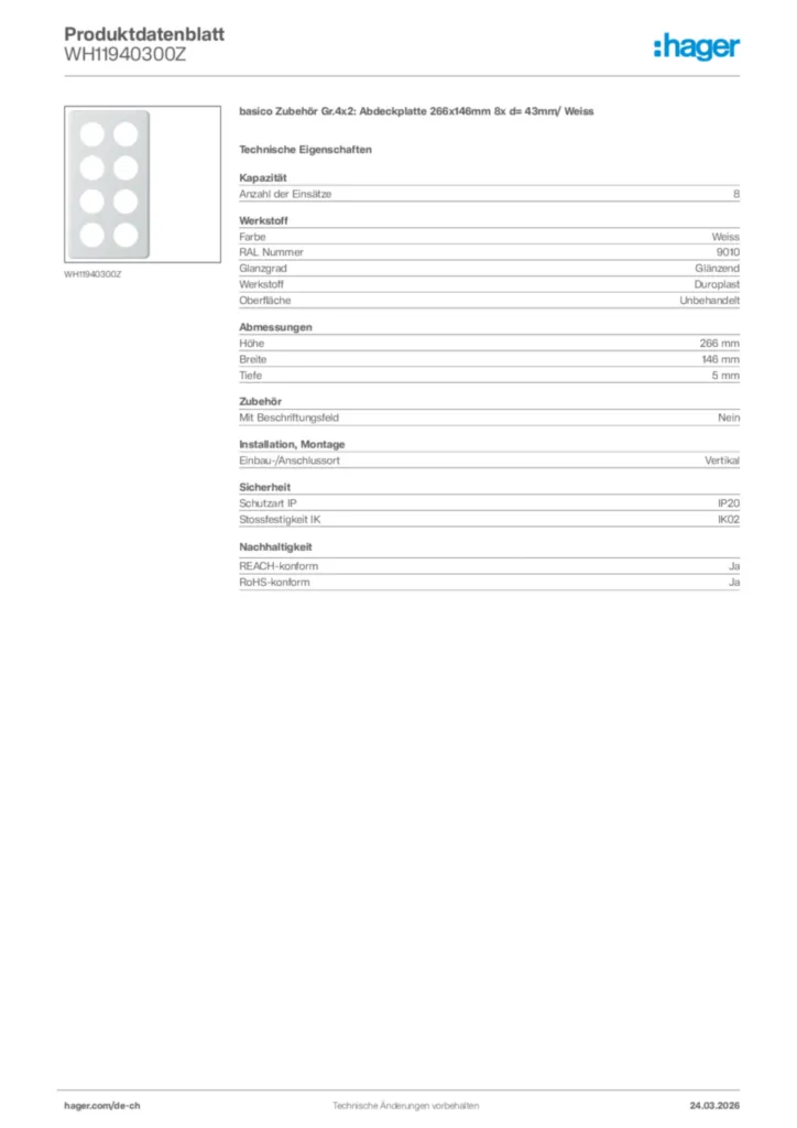 Bild Hager Produktdatenblatt WH11940300Z | Hager Schweiz