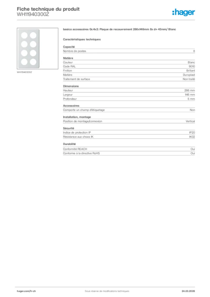 Image Hager Fiche technique du produit WH11940300Z | Hager Suisse