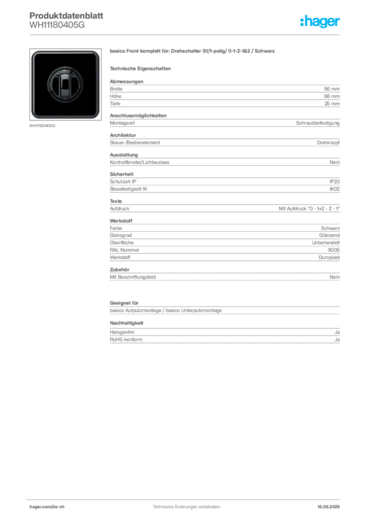 Bild Hager Produktdatenblatt WH11180405G | Hager Schweiz